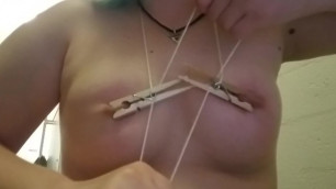 Nipple Clamps and String Lead Small Tits, Pull them to Pain