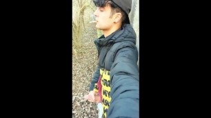 Smoking and Cumming Public with Sound of Dropping Cum on Dry Leaves