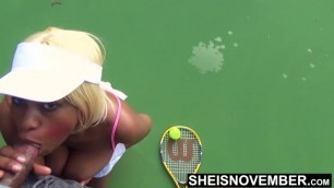 Dick Stuffed in Ebony Teen Tiny Mouth on Tennis Court Outdoors. Msnovember